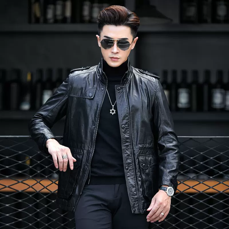 山羊皮皮衣男猎装海宁真皮夹克中长款纯皮风衣美式立领帅气外套潮