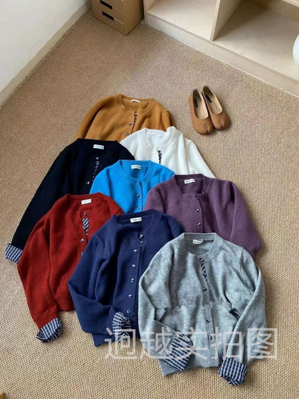 秋季新品韩版气质简约百搭衬衫袖拼接假两件针织衫开衫毛衣外套女|undefined
