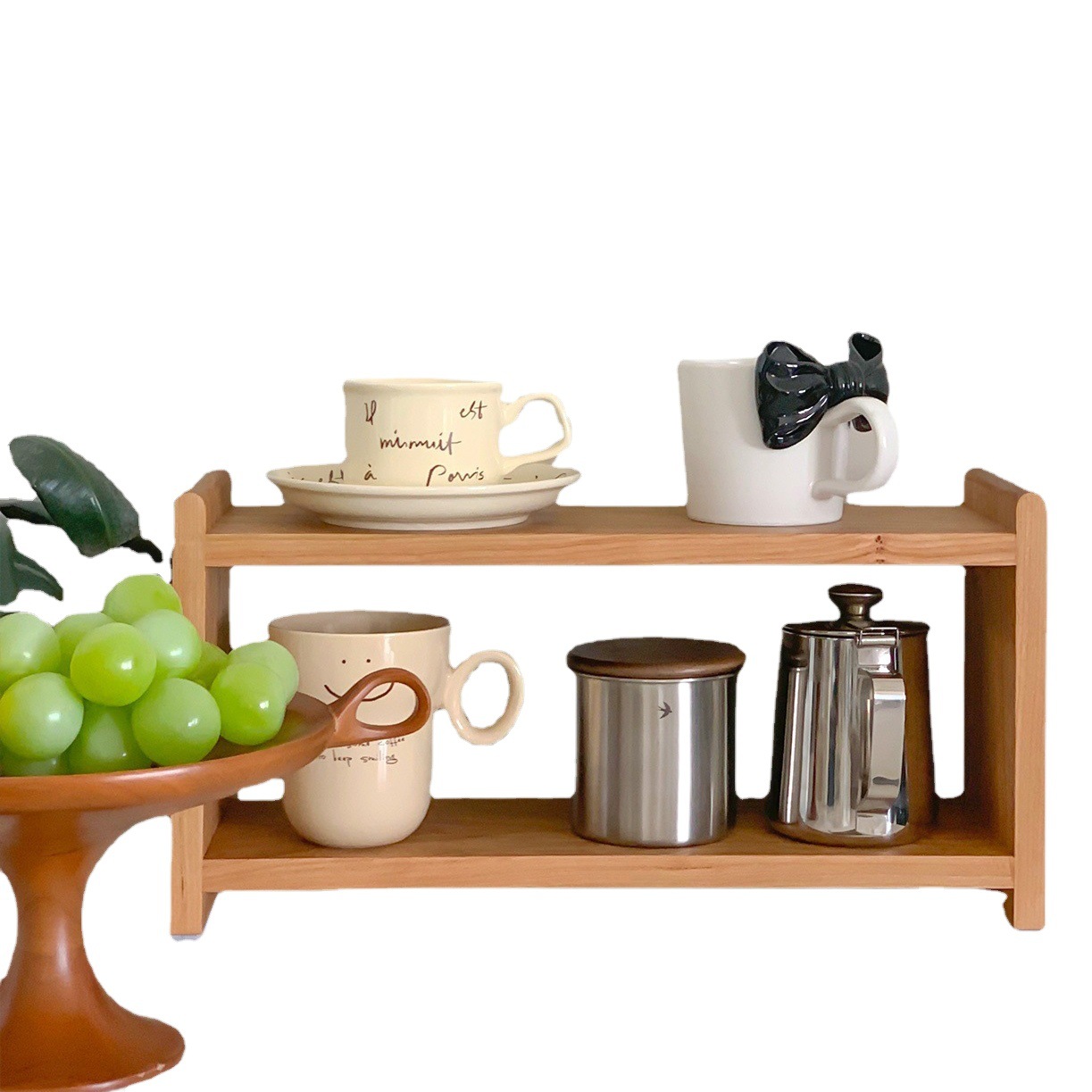 Estante de almacenamiento de madera maciza de doble capa de cereza de haya de escritorio juego de té Taza de almacenamiento en rack organizador de escritorio de oficina rack