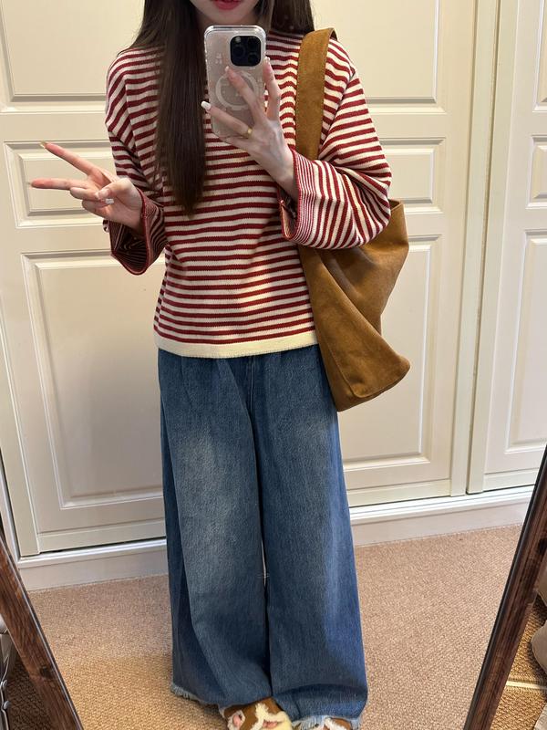 红色条纹撞色针织上衣慵懒感秋季穿搭宽松毛衣女2025新款时尚百搭|undefined