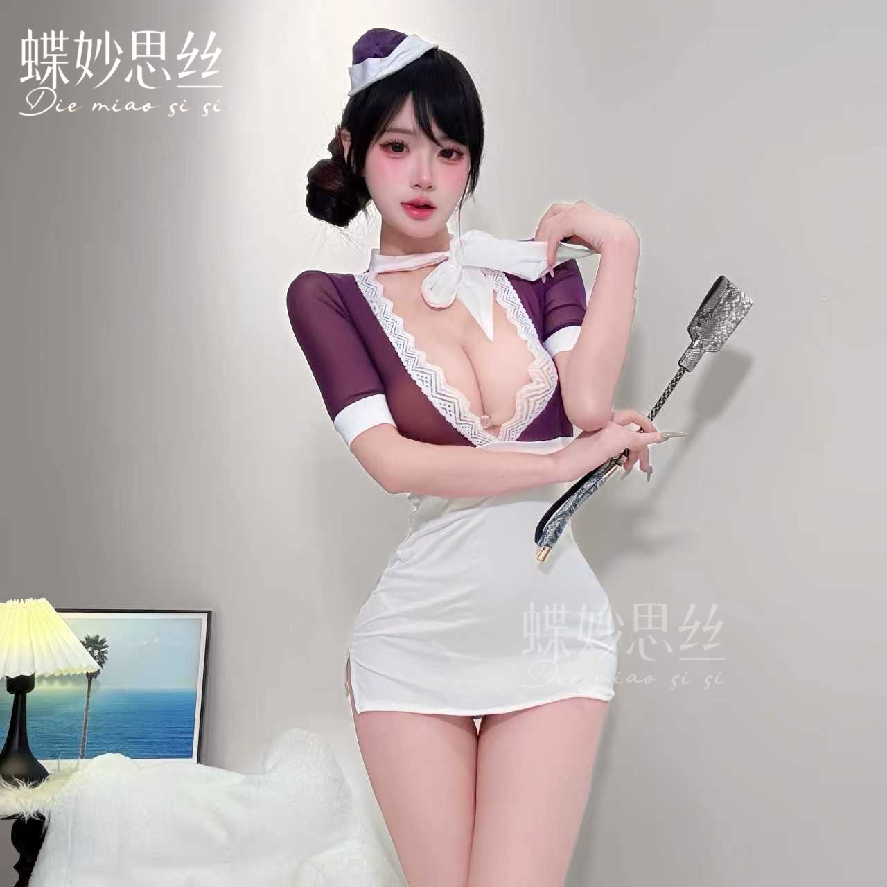 Butterfly Miao Si Silk Lingerie Sweet Flight Attendant Uniform Temptation Chest-Showing Nightdress One-Piece Secretary Role Play A735