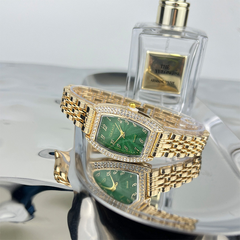 Nuovo orologio al quarzo da donna a forma di barile con diamanti e smeraldi intarsiati, popolare orologio digitale alla moda_voghion.com