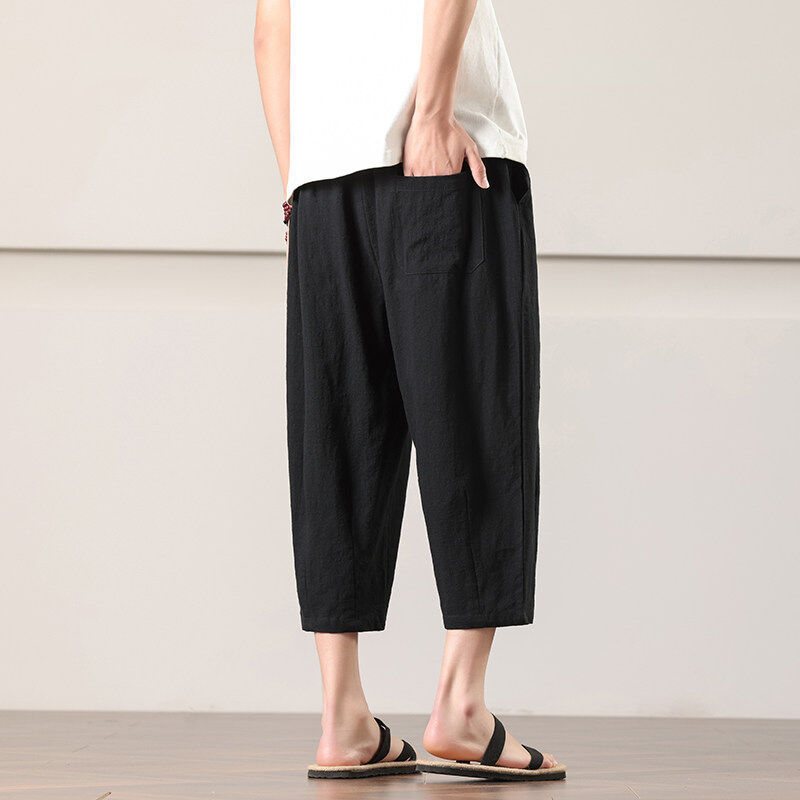 Linen Cropped Pants Men's Summer Thin Breathable Cotton and Linen Pants Straight Loose Casual Shorts Large Size 7-Point Breeches