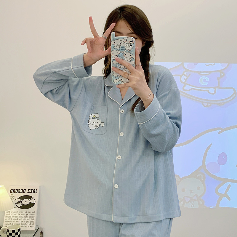 2023 nuevos pijamas azules de alta calidad de las mujeres de algodón jacquard de otoño e invierno de manga larga cardigan linda chica dulce ropa de casa traje