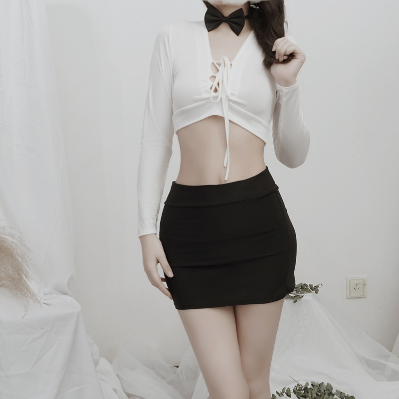 Lencería sexy Secretario traje uniforme tentación seda de la leche Falda corta coqueta rayas en el pecho fugas entrega directa fábrica