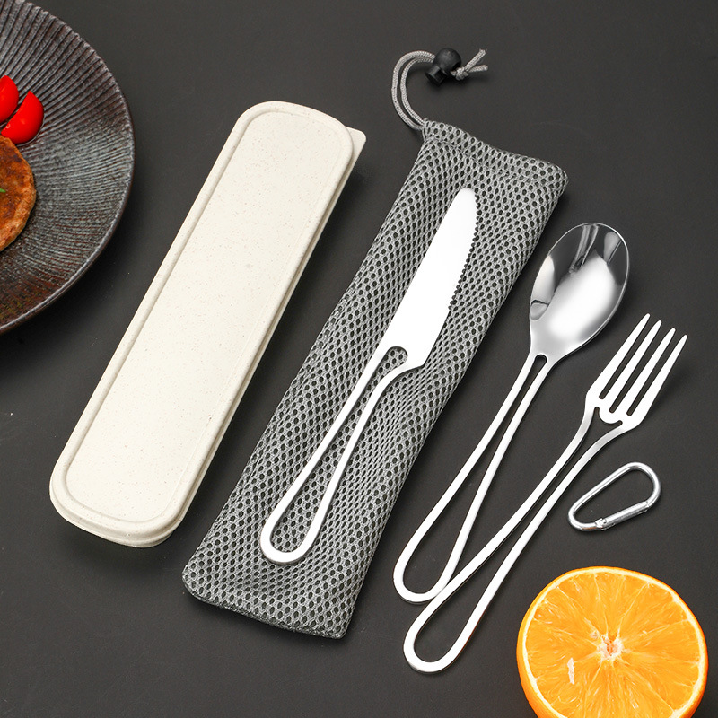 Transfronterizo nuevo cuchillo de acero inoxidable 410, tenedor y cuchara de tres piezas de viaje al aire libre camping portátil vajilla traje vajilla occidental