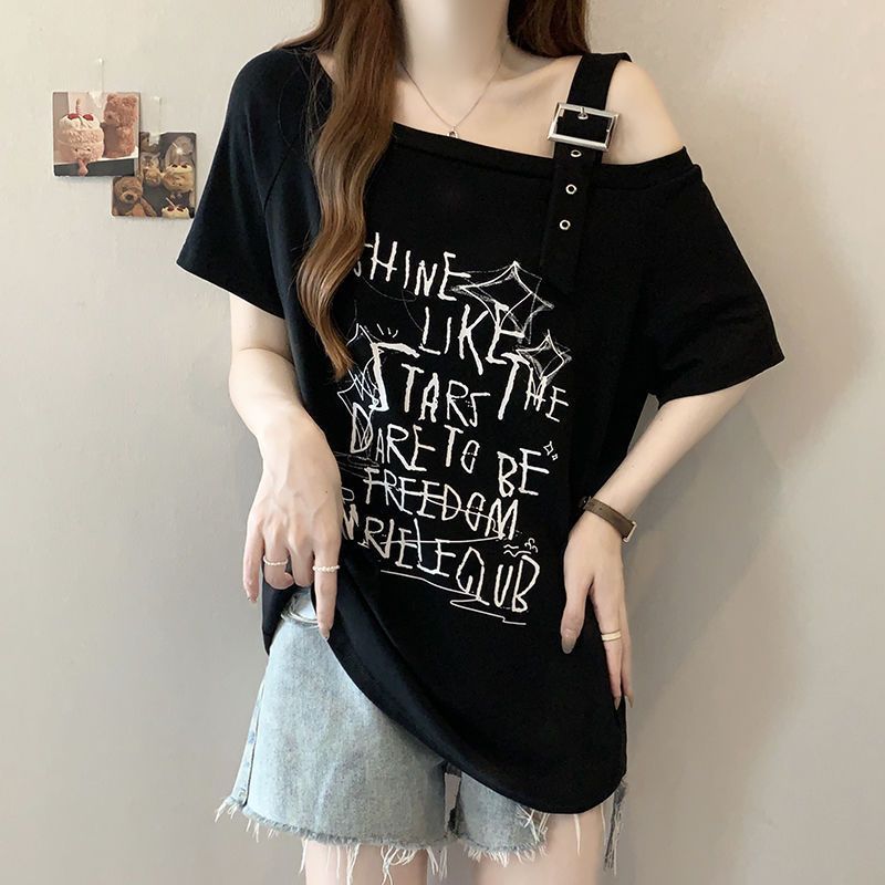 Plus-Size American-Style Fashion Lettered One-Shoulder Short-Sleeve T-Shirt for Women, New Summer Style, Loose Fit, Slimming, Casual Top for Women