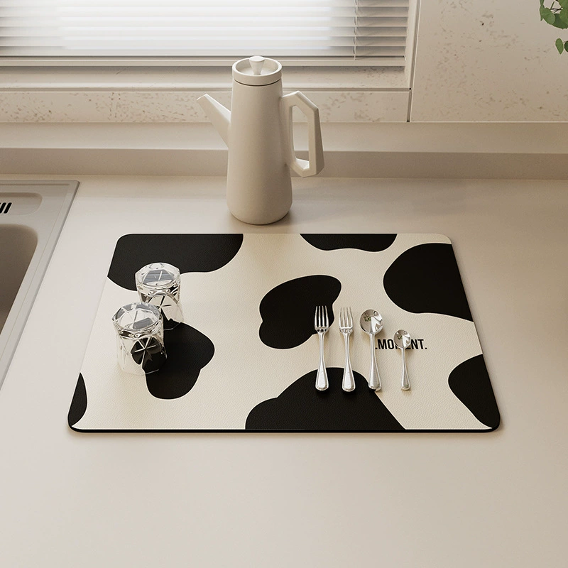 Cross-border creamy kitchen drain pad cow pattern diatom mud washing countertop absorbent pad bowl plate insulation mat