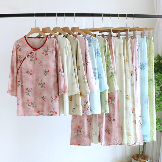 National Style Cotton Silk Belt Chest Pad Pajamas Women's Spring and Summer New Chinese Style Mid-Sleeve Trousers Artificial Cotton Thin Home Clothes suit