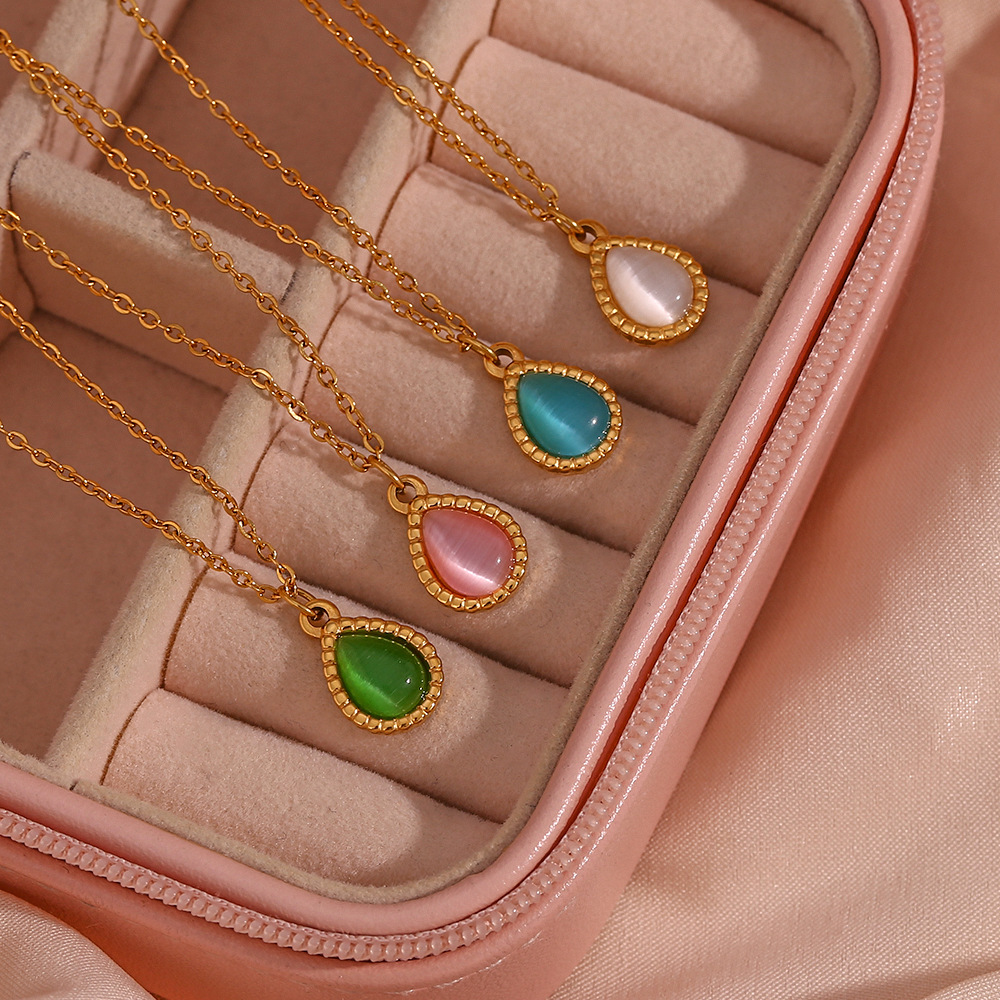 Fashion Water Droplets Stainless Steel Inlay Opal Pendant Necklace 1 Piece