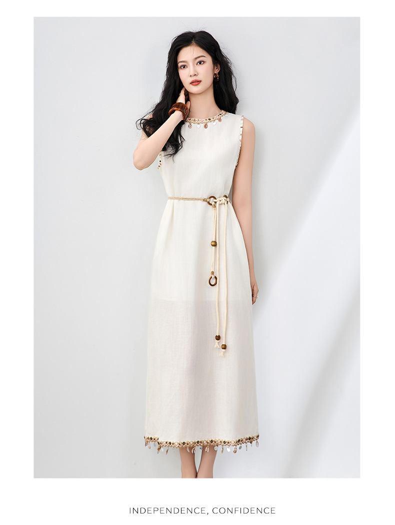 Đầm maxi nữ không tay phong cách Bohemian chất liệu linen tencel phối tua rua — Màu kaki chi tiết 12