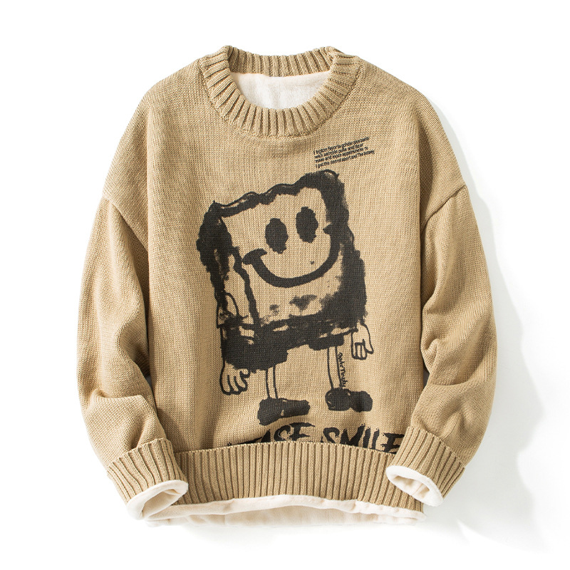 Sweater men's autumn and winter new style American round neck couple's printed loose casual simple versatile plus velvet_voghion.com