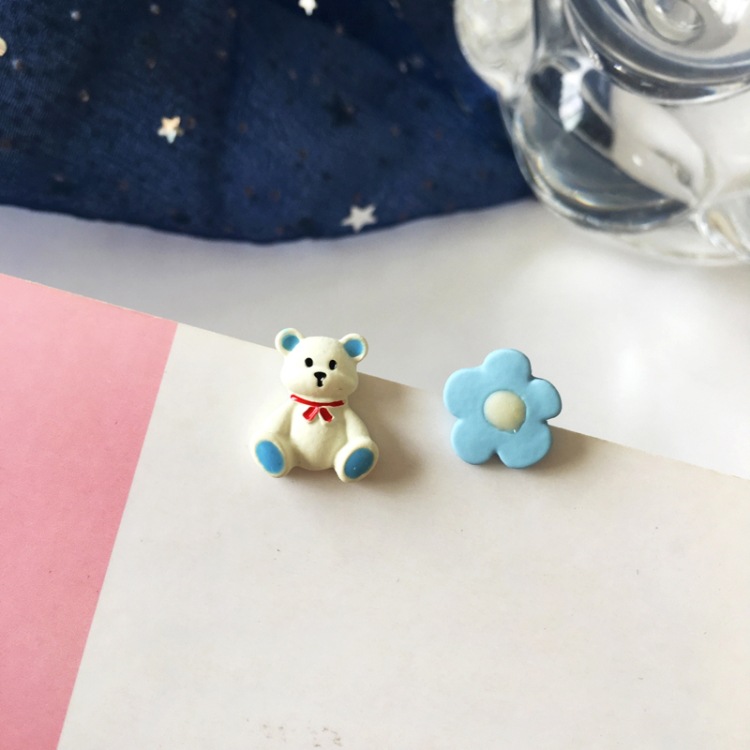 Korean Cartoon Cute Flower Bear Asymmetrical Earrings display picture 6