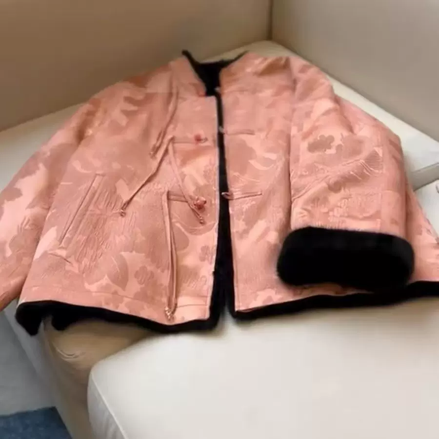 新中式唐装中国风女装双面穿加绒盘扣粉色宋锦棉服外套2025新款冬