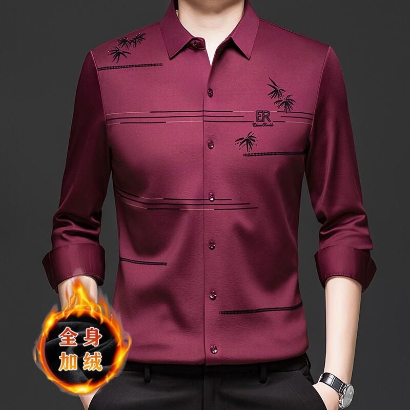 Cardigan Style Fleece-Lined Stretch Printed Long-Sleeve Shirt for Men, Spring and Autumn Business Casual Versatile Wrinkle-Resistant Middle-Aged Shirt