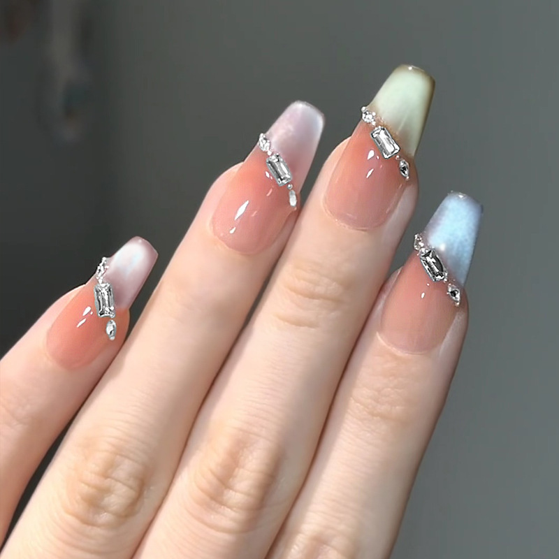 Rainbow Sugar Naked Powder Cat's Eye Long Ladder Wearing Nail Pieces Color-matching French Line Drill Nail Wearable Nail Pieces Finished Products