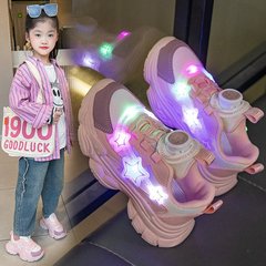 Children's Sports Shoes 2024 Spring and Autumn New Girls' Glowing Lights Rotating Button Dad's Shoes Little Girls' Running Shoes