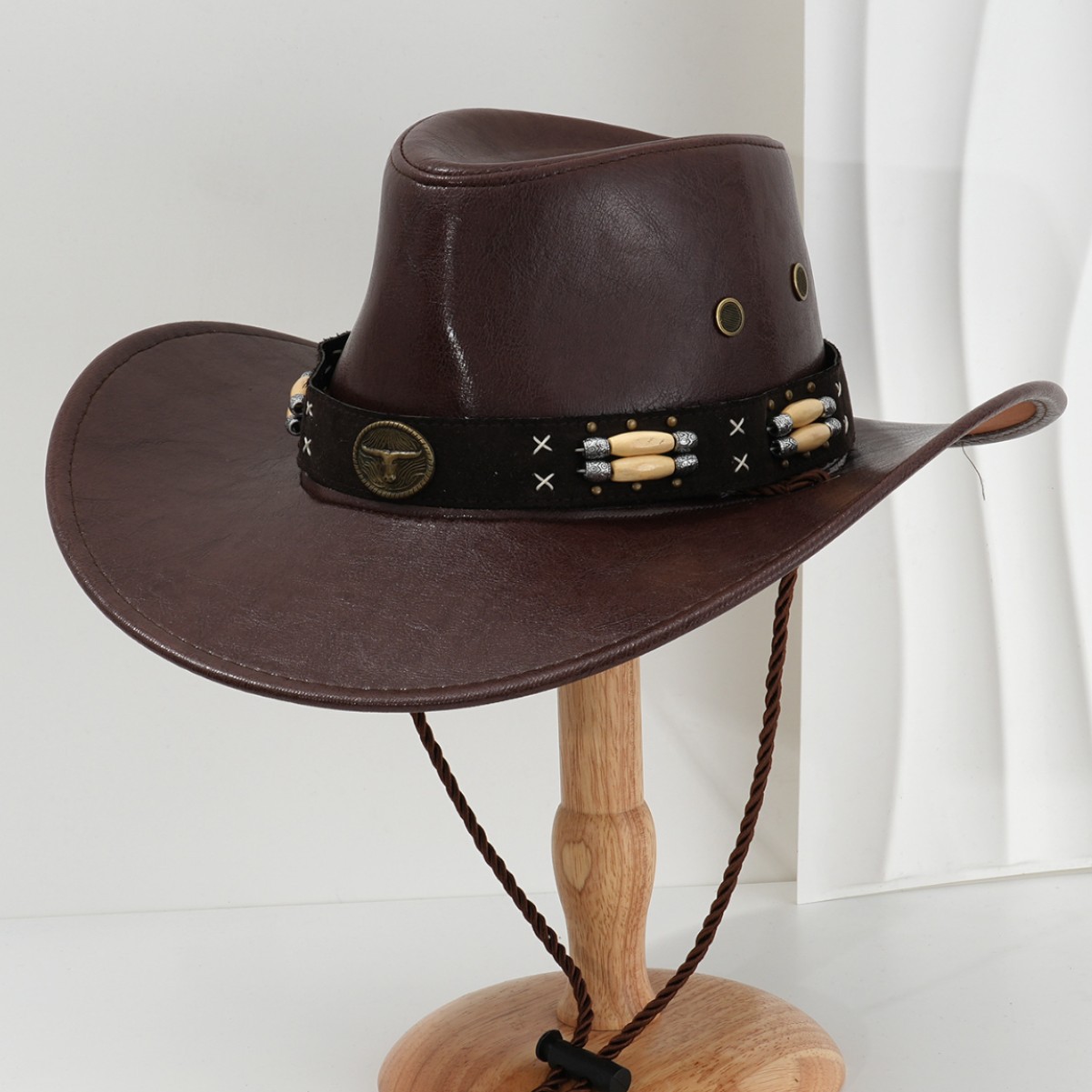 Retro Western Cowboy Hat PU Leather Metal Sun Beaded Heavy Motorcycle Stage Performance Trendy Men's Hat_voghion.com