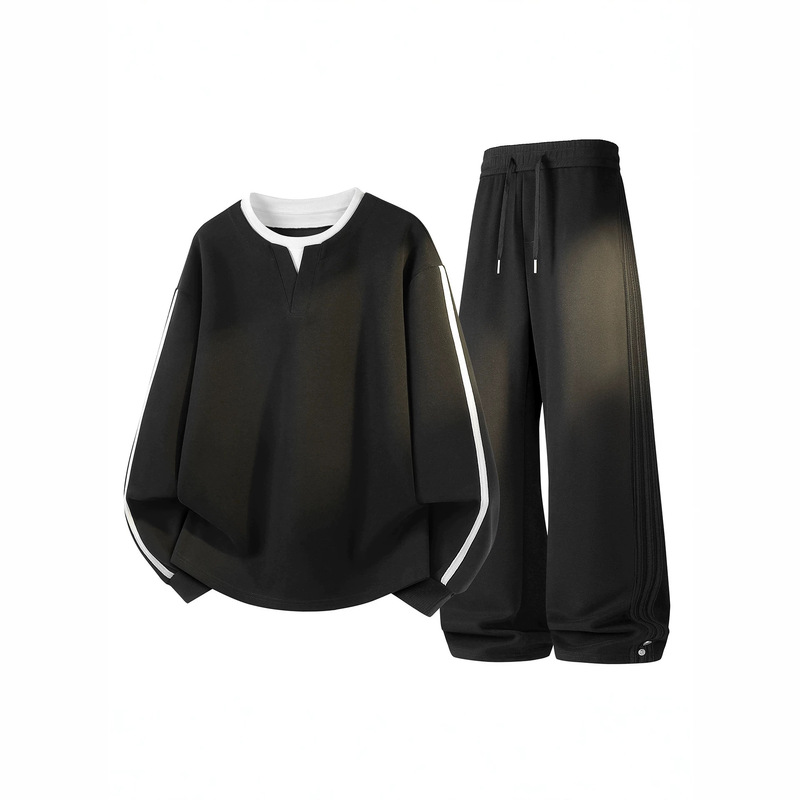 Popular cotton casual suit for young men, faux two-piece sweatshirt, base shirt, top, long pants, casual straight two-piece set Popular cotton casual suit for young men, faux two-piece sweatshirt, base shirt, top, long pants, casual straight two-piece set