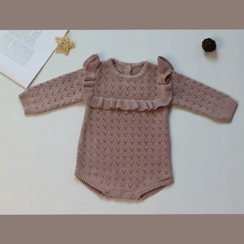 0-3岁婴幼儿纯棉针织毛衣宝宝荷叶边镂空连体衣婴儿爬服韩版童装