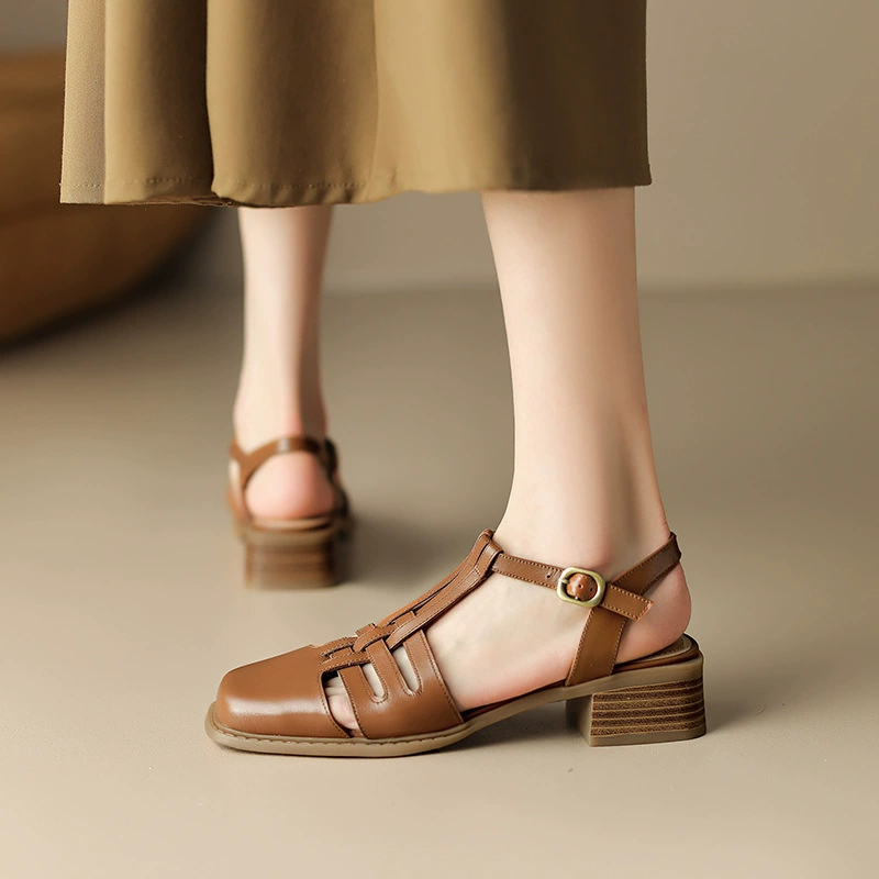 Pig Cage Shoes 2024 летние женские босоножки на каблуке, иностранный стиль, размер 40-41, квадратный носок, с открытой пяткой