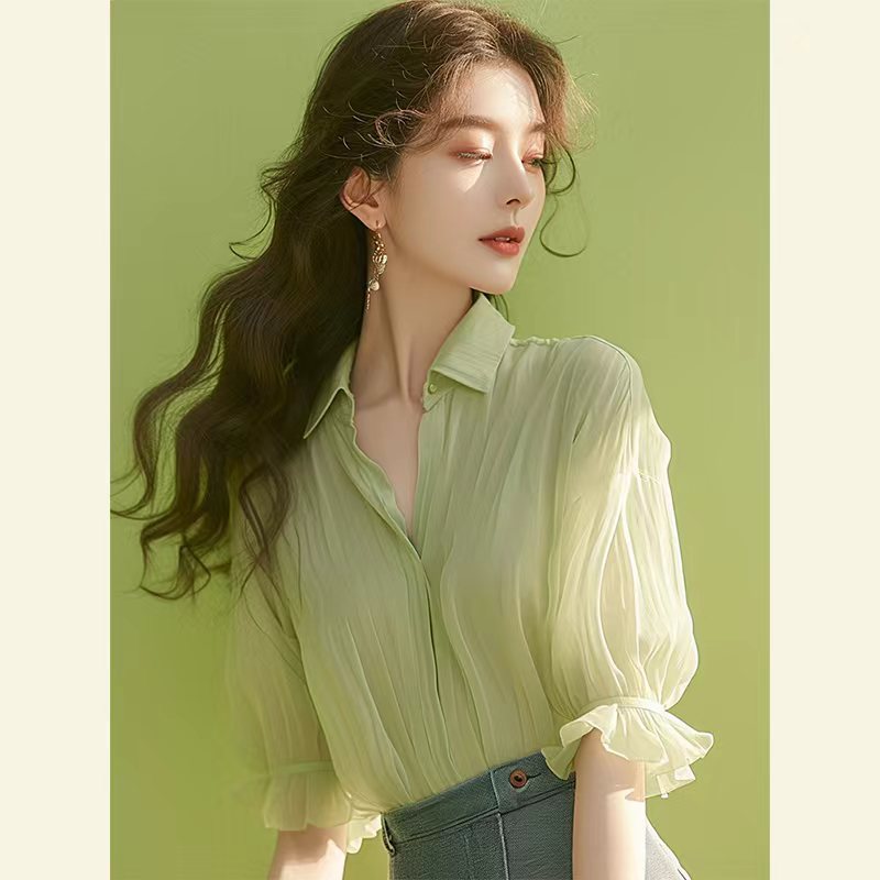 Áo sơ mi nữ tay ngắn chất liệu voan mềm mại, phong cách Pháp thanh lịch — Xanh lá cây nhạtcolor chi tiết 1