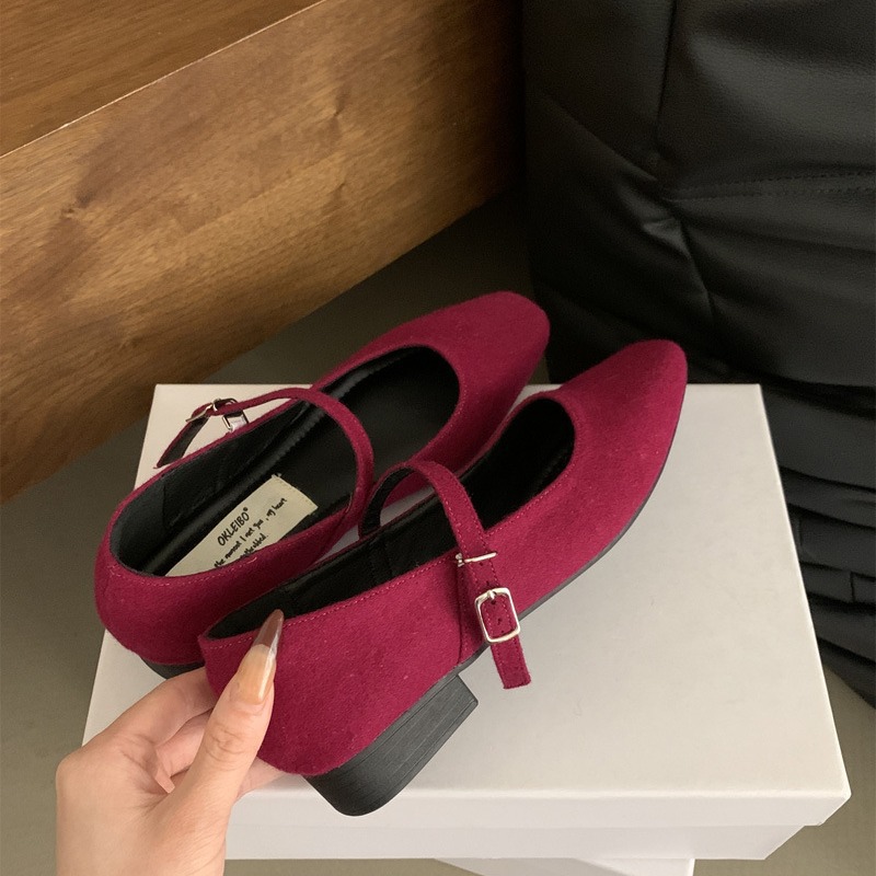 Red retro autumn Mary Jane shoes low-cut square toe flat