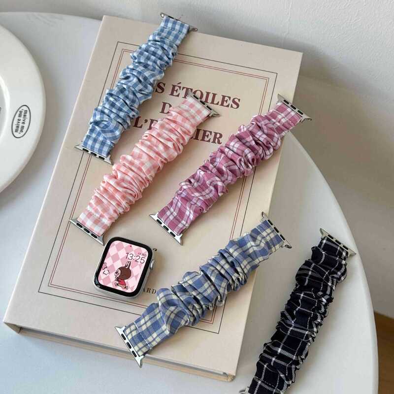 Color-Blocked Plaid Pattern Hair Tie Strap Suitable for Apple Watch 56789S10 Watch Strap Apple Watch Band