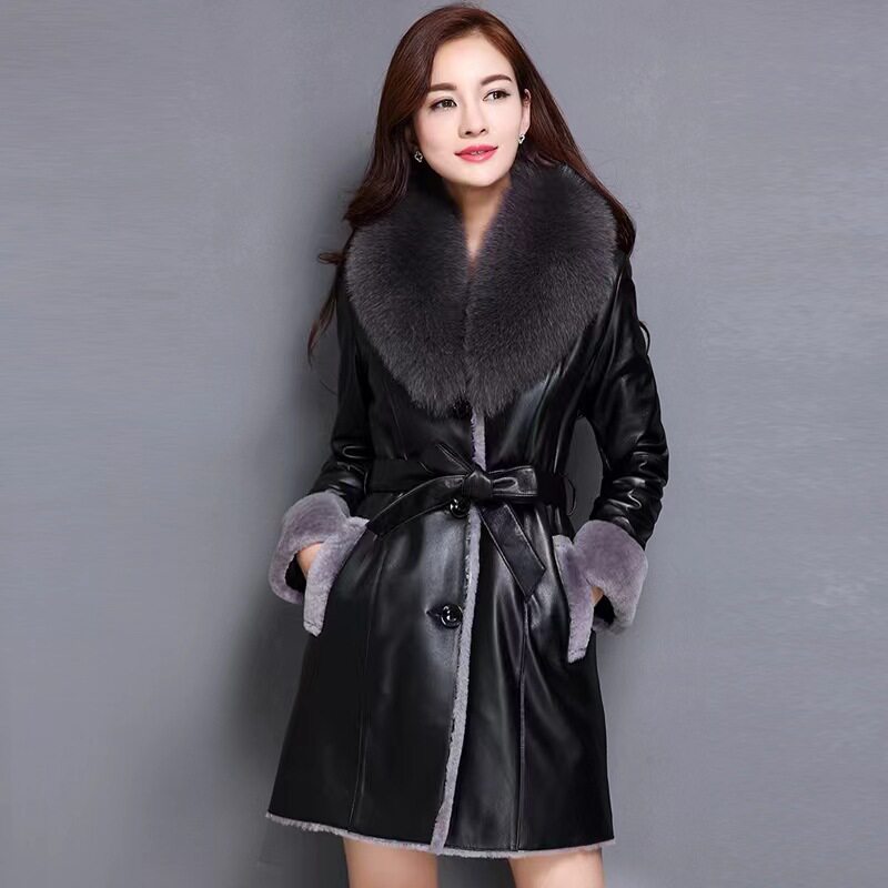 Áo khoác da nữ dáng dài ôm eo có cổ lông, lót lông cừu giữ ấm mùa đông — Màu đen, Màu đỏ rượu