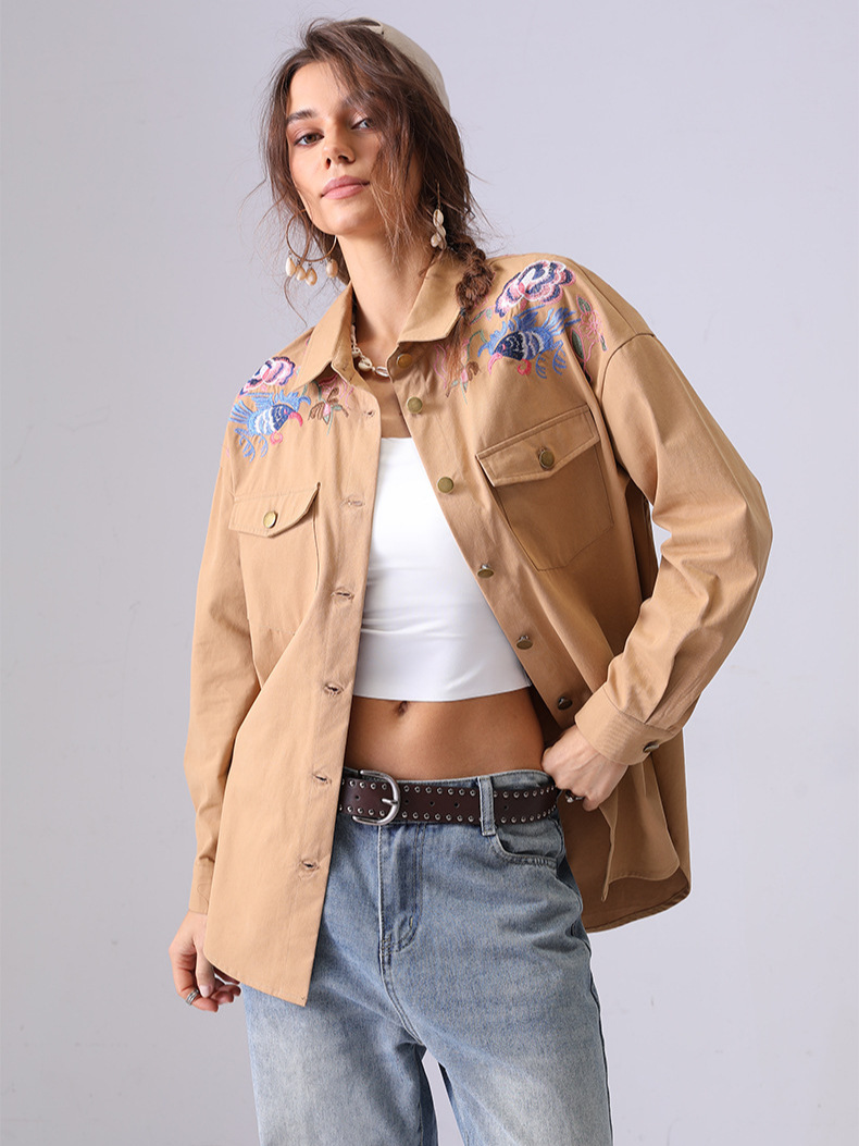 Europa y Estados Unidos retro bordado camisa de trabajo mujer abrigo de manga larga con solapa suelta primavera y otoño nuevo estilo de moda versátil chaqueta