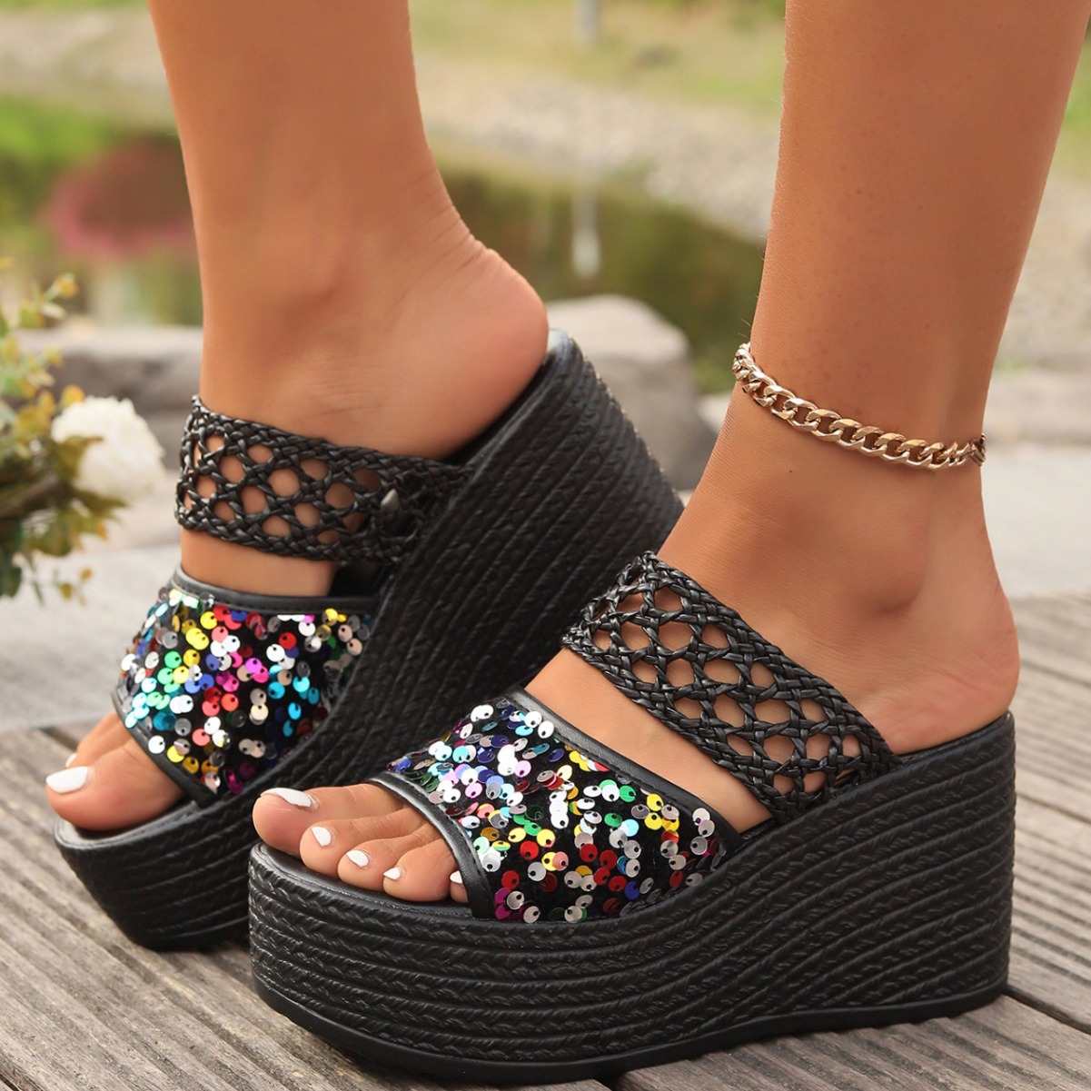 summer shiny mule platform wedge heel heels