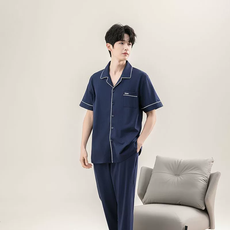 Set, pijama, cotton men's summer thin trousers for leisure, with short sleeve, plus size, wholesale