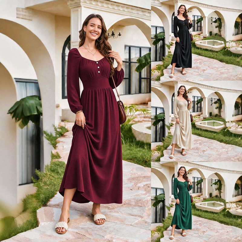 Cross-border exclusive for Europe and the US: Women's dress with a cinched waist, pleated design, long flared skirt, elegant French resort style, slimming A-line dress Cross-border exclusive for Europe and the US: Women's dress with a cinched waist, pleated design, long flared skirt, elegant French resort style, slimming A-line dress