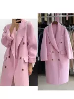 Пальто из фуксийного бархата Alpaca RIXIN — двусторонняя кашемировая шерсть, свободный силуэт