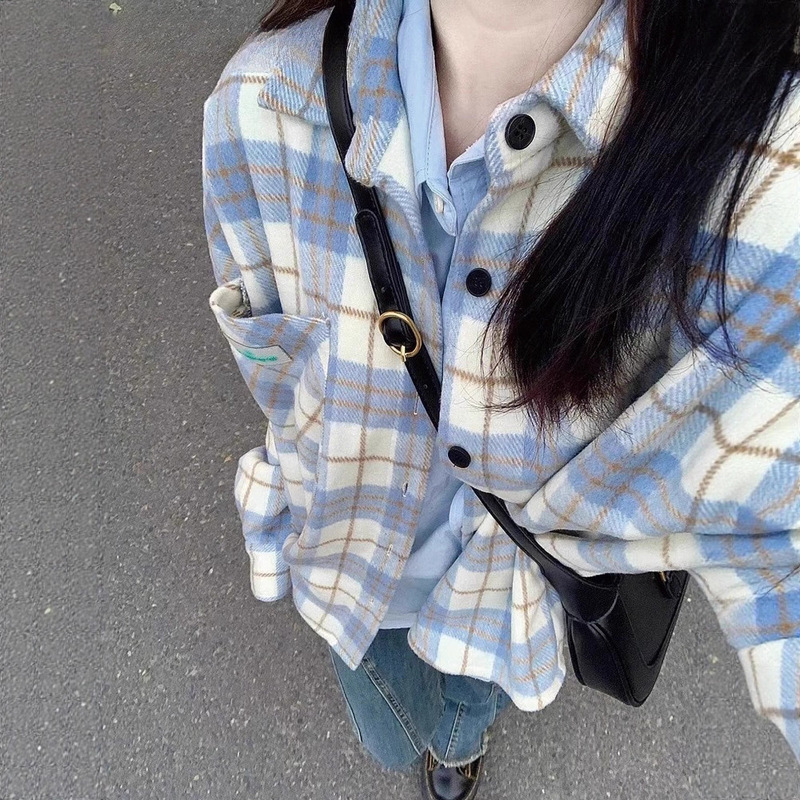Brushed Blue Plaid Shirt for Women 2025 Winter New High-End Loose Lazy Long-Sleeved Shirt Jacket Top Brushed Blue Plaid Shirt for Women 2025 Winter New High-End Loose Lazy Long-Sleeved Shirt Jacket Top