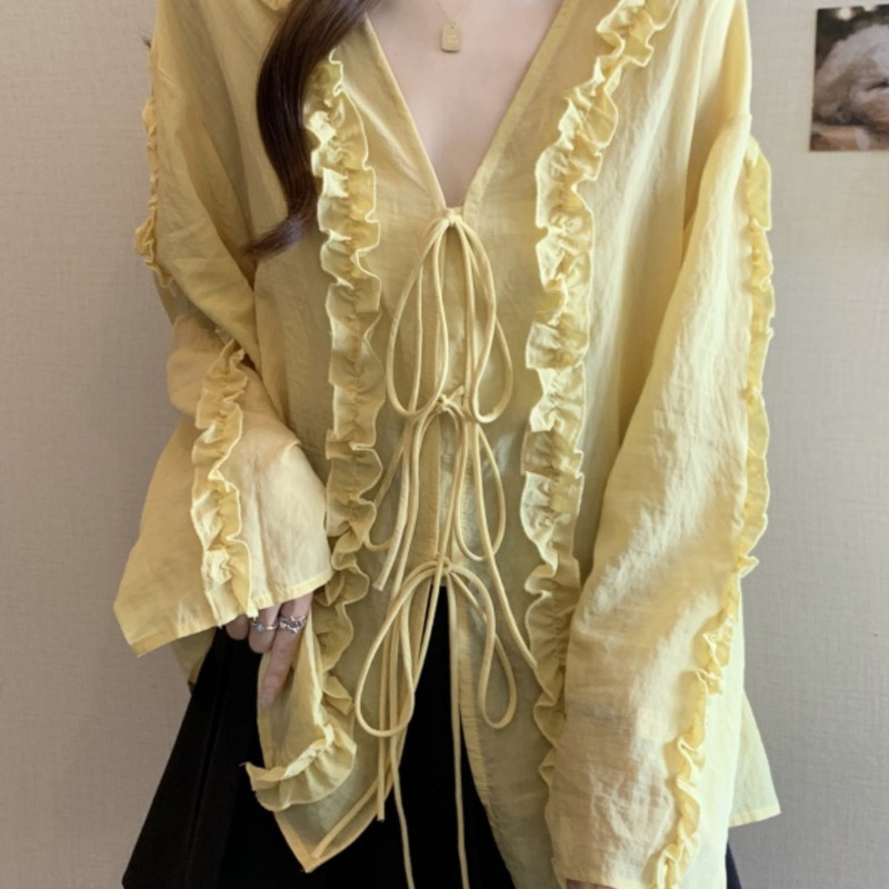 Side V Neck Long-Sleeved Sun Protection Shirt for Women Summer 2025 Plus Size Fat mm Design Top with Air-Conditioning Blouse and Others