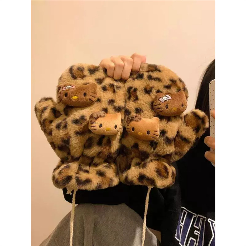 헬로 키티 봉제 장갑 헬로 키티 레오파드 풀 핑거 장갑 목에 매달려 여자 겨울 귀여운 스카프 따뜻한 스카프