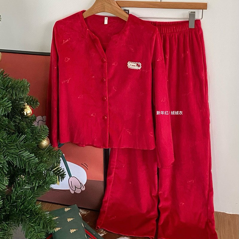 秋冬季新年红绒绒衣V领开衫珊瑚绒女士家居服套装可外穿红色睡衣