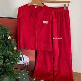 新年红绒绒衣复古风珊瑚绒女秋季长袖家居服套装可外穿红色睡衣