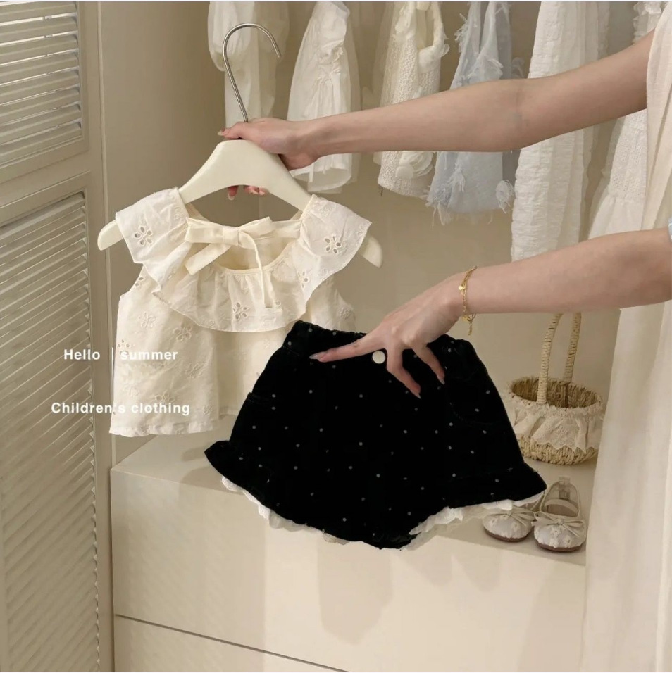 Girls' Korean Style 2026 Summer New Bowknot Sleeveless Top and Polka Dot Denim Shorts Two-Piece Trendy Set