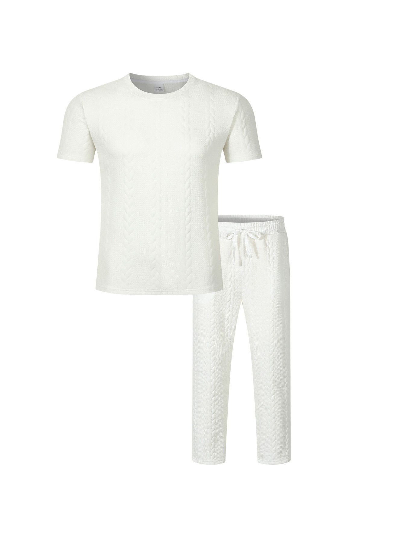 Men's Cable Knit Solid Color Jacquard Pullover Crew Neck Short Sleeve Trousers Casual Suit American Style Autumn New_viptrois.com
