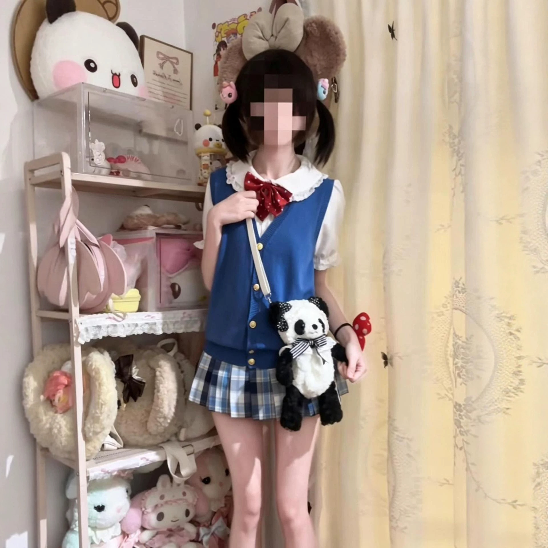 原创jk制服夏季软妹风宝蓝针织开衫马甲学院风娃娃领衬衫叠穿套装