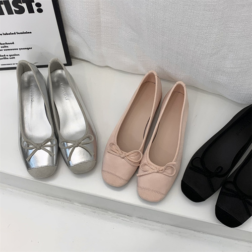 French style small fragrant style thick heel single shoes for women 2024 spring and autumn new style bow sweet grandma shoes low heel ballet shoes