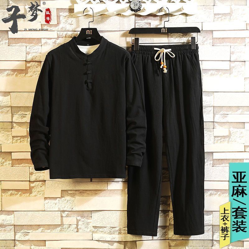 Men's long-sleeved cotton and linen suit for middle-aged and elderly men, loose-fitting linen thin style, men's clothing for grandfathers.