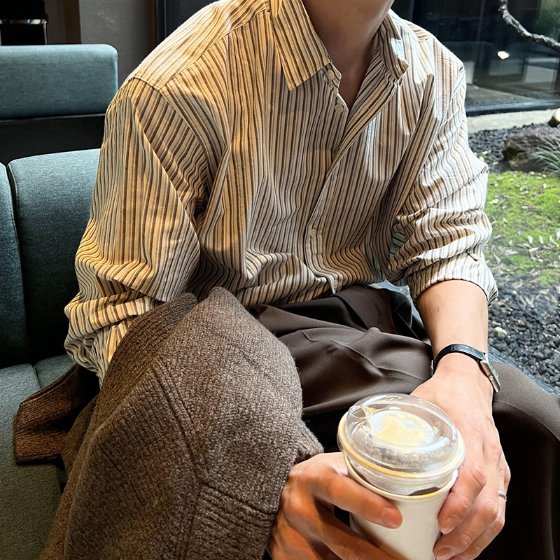 Striped Sun-Protective Long-Sleeve Shirt for Men, Spring and Summer, Drapey, Wrinkle-Free, Thin, Light Mature Style, Business Shirt with Vertical Stripes