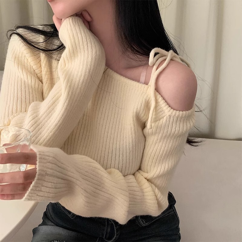 俄罗斯外贸斜肩绑带针织上衣女内搭秋冬独特别致氛围感毛衣打底衫|undefined