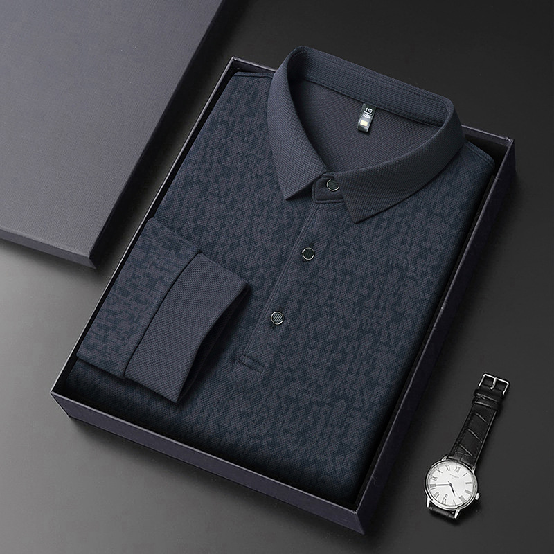 New Spring and Autum Men's Polo Shirts, Fashionable Business Casual, Versatile Lapel Long-Sleeved T-Shirts for Middle-Aged and Elderly Men