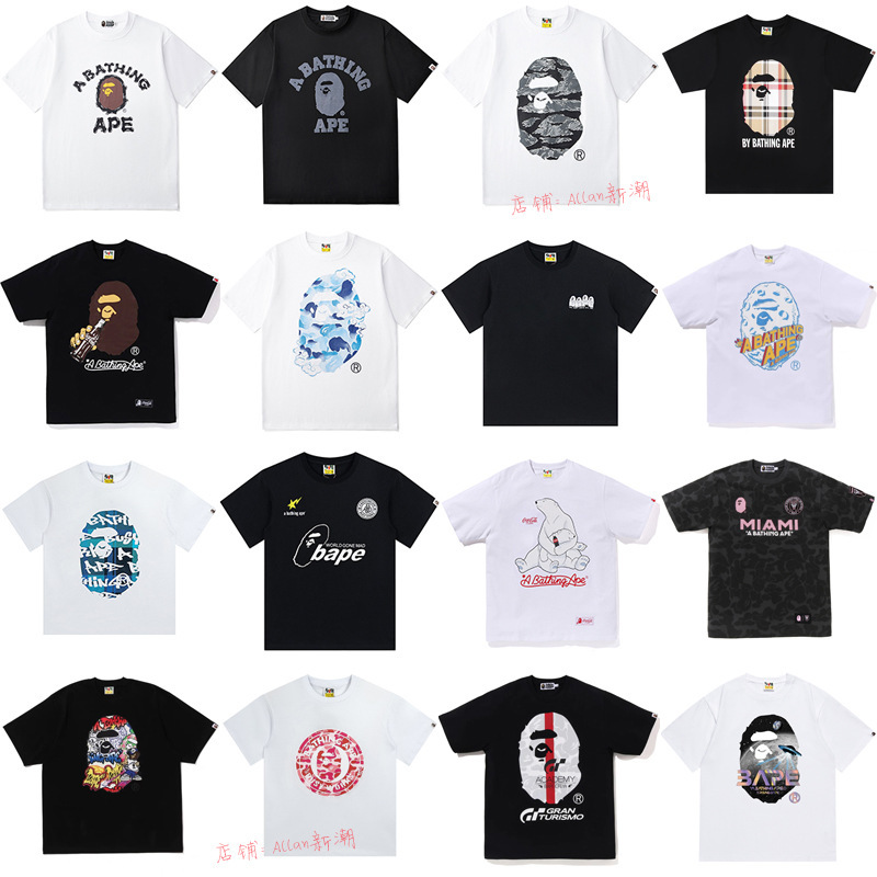 2024欧美新款经典鲨鱼短袖大猿人迷彩卡通印花T恤男情侣女半袖短T