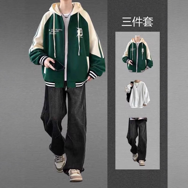 美式棒球服外套男春秋季连帽开衫卫衣夹克男生套装穿搭三件套潮流|undefined