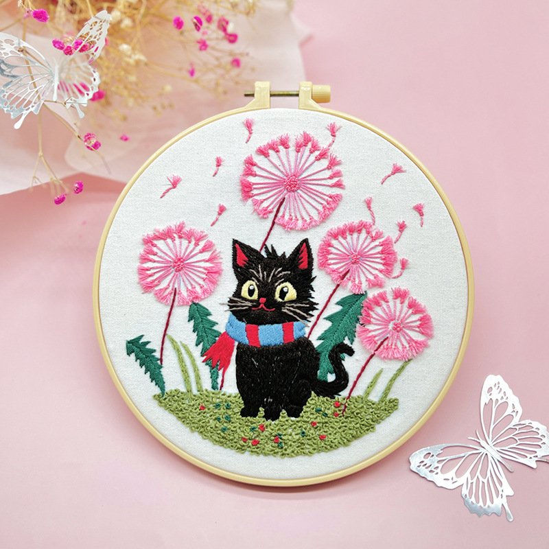 Flor gato traje colgante pintura Lu bordado dibujos animados animal inglés novato bolsa bordado DIY material bolsa salón colgante hecho a mano